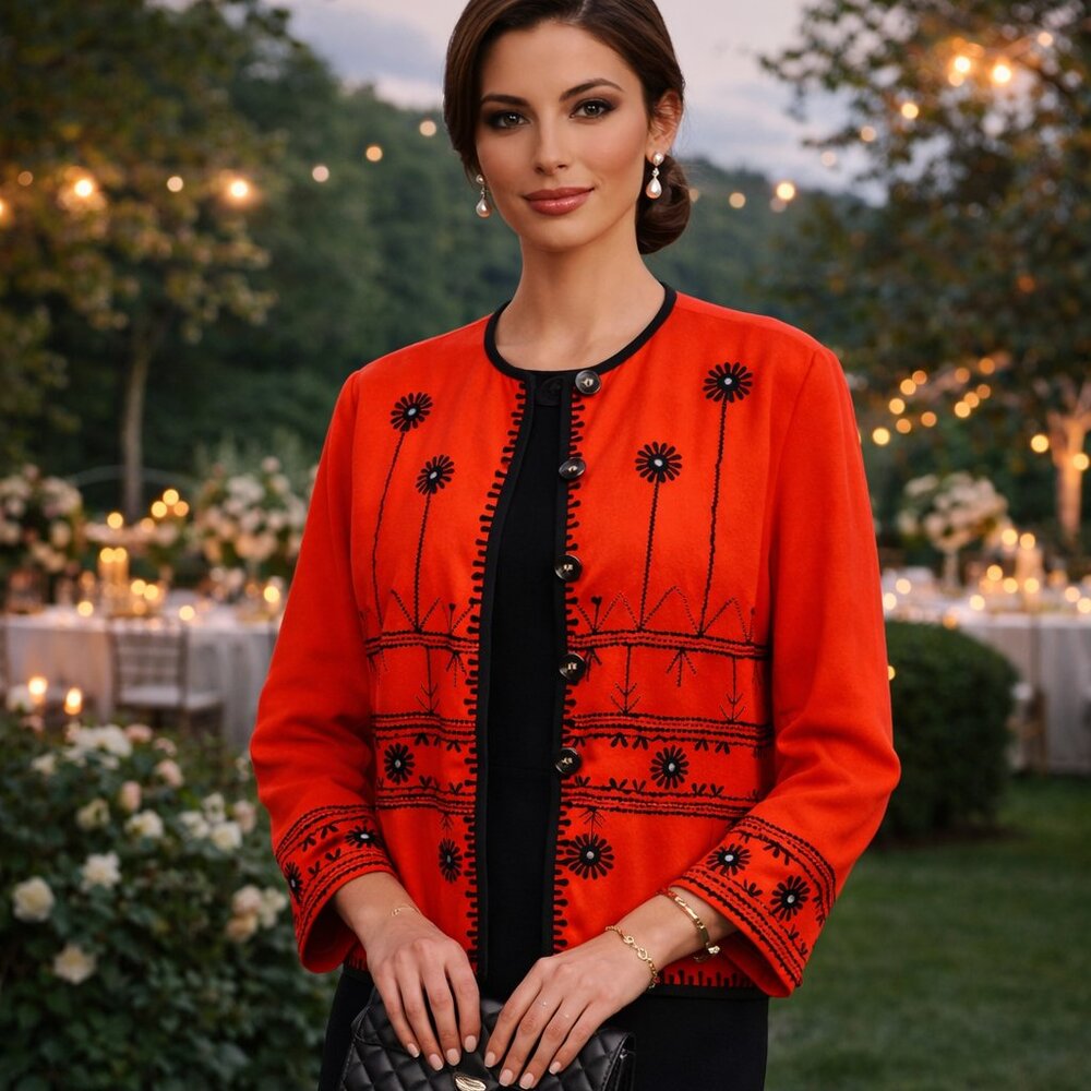 Allure. Vintage Red Embroidered Jacket – Boho Floral Button-Up. Size XL